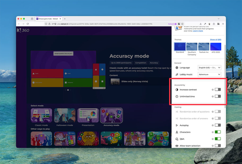 Game mode selection screen and settings sidebar